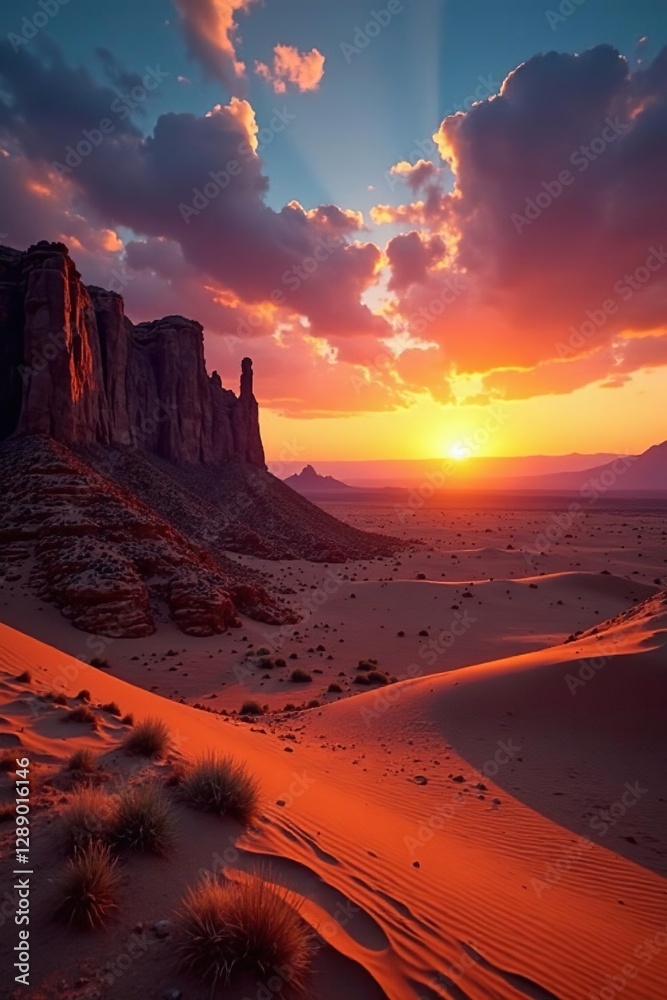 Naklejka premium Sunset over desert with sand dunes and rocky formations, sunset, clouds
