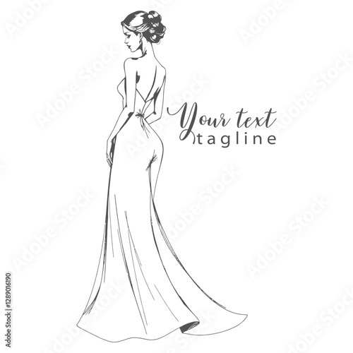 Vintage Wedding Bridal Wear Fashion Boutique, Bridesmaid, Bridal Gown Logo Vector Line Illustration