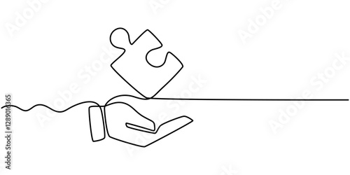 Puzzle icon line continuous drawing vector. One line Conundrum icon vector background. Team work icon. Continuous outline of a Missing item, Single one line drawing the puzzle pieces arranged.