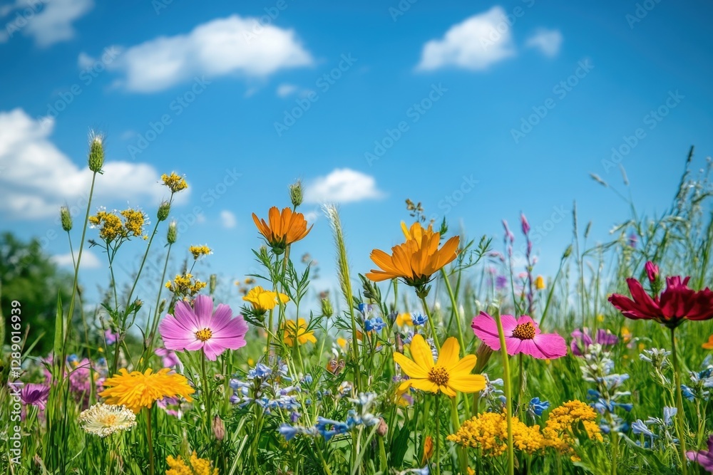 A beautiful field of wildflowers under a clear blue sky, suitable for outdoor and nature-themed projects A beautiful field of wildflowers under a clear blue sky, suitable for outdoor and nature-themed projects