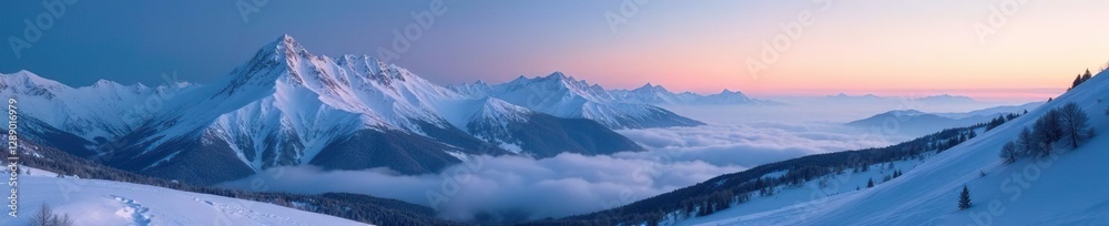 Snowy peaks of the Carpathian Mountains bathed in soft lunar light, misty, serene, winter Snowy peaks of the Carpathian Mountains bathed in soft lunar light, misty, serene, winter