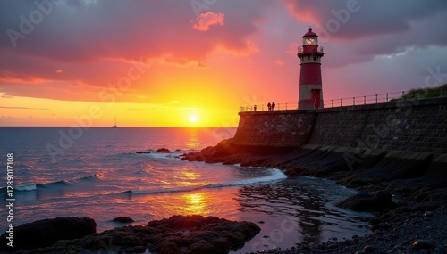 Sunset over harbour wall with lighthouse in Ardrossan North Ayrshire Scotland,, golden light