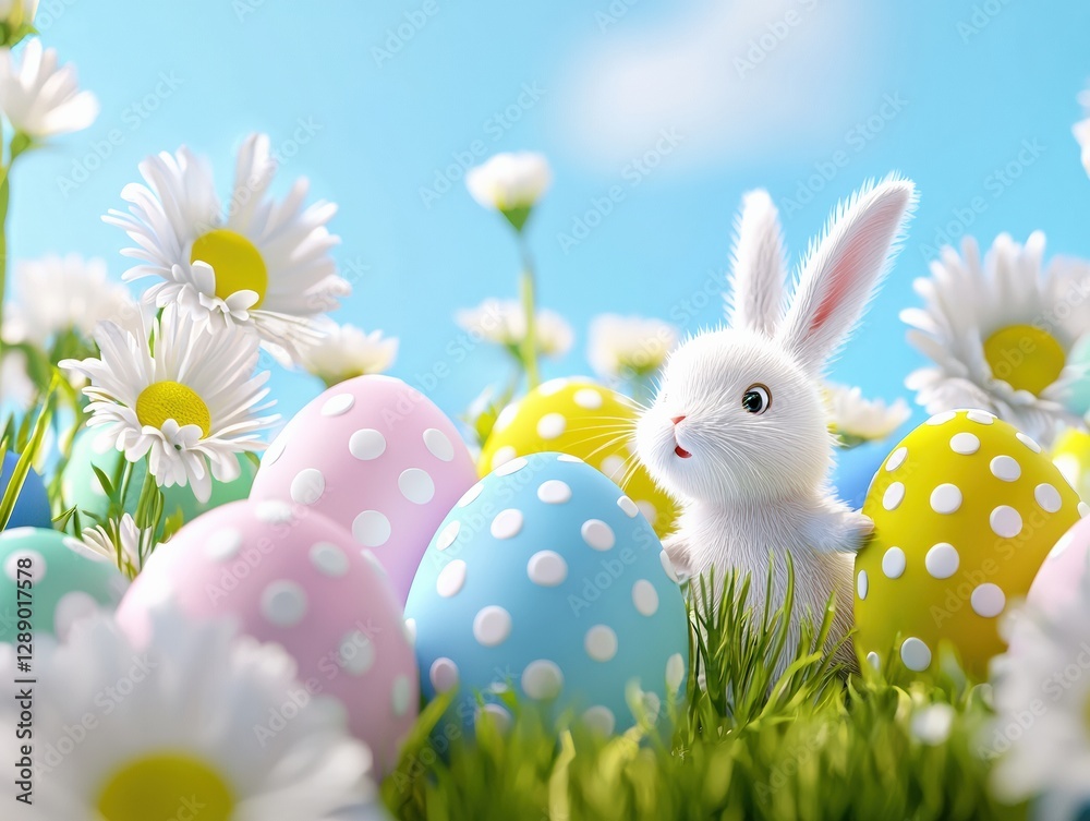 Fototapeta premium Cute bunny among colorful Easter eggs and daisies.