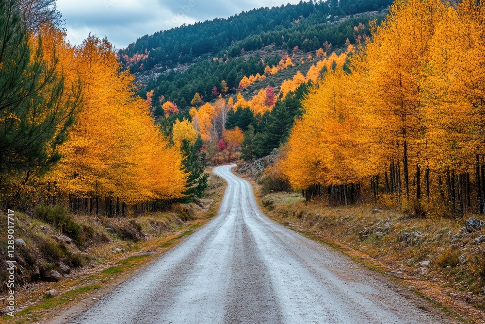 A dirt road surrounded by trees with vibrant yellow leaves, great for outdoor and nature-themed projects A dirt road surrounded by trees with vibrant yellow leaves, great for outdoor and nature-themed projects
