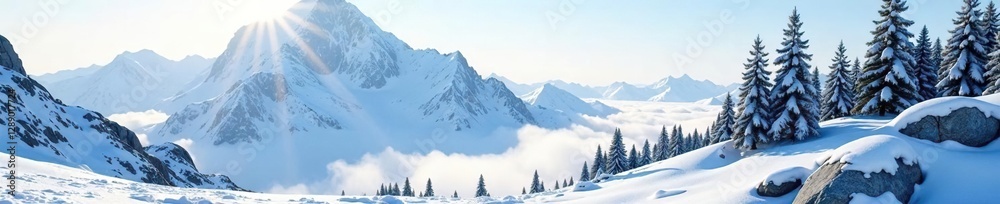 Snowy mountain rocks and trees in the distance, icy peaks, rocky terrain, distant landscape Snowy mountain rocks and trees in the distance, icy peaks, rocky terrain, distant landscape