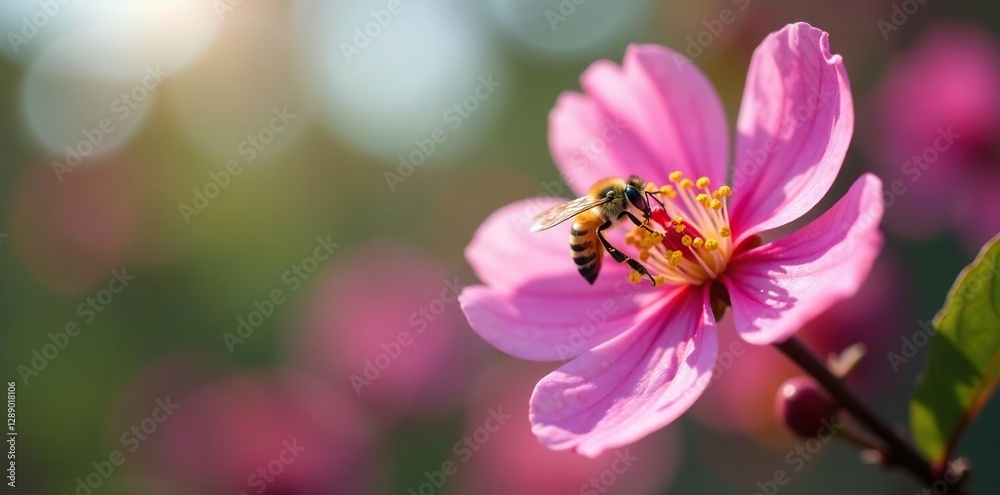 An Indian hawthorn bloom with a single bee landing on its petals, pollination, landing, bee An Indian hawthorn bloom with a single bee landing on its petals, pollination, landing, bee