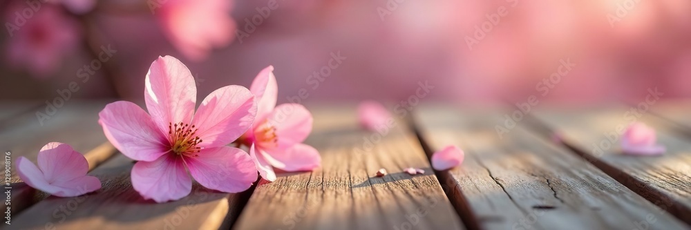 Fototapeta premium Delicate soft pink blossoms float on a wooden table's surface, quiet, serene, pink