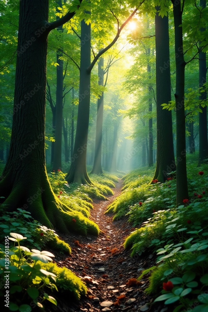 Fototapeta premium Forest floor with sunlight filtering through trees, dappled light, forest floor