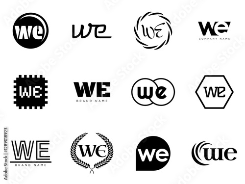 WE logo company template. Letter w and e logotype. Set different classic serif lettering and modern bold text with design elements. Initial font typography.