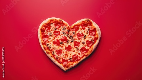 A heart-shaped pizza topped with pepperoni and cheese sits on a vibrant red background, symbolizing love and deliciousness.