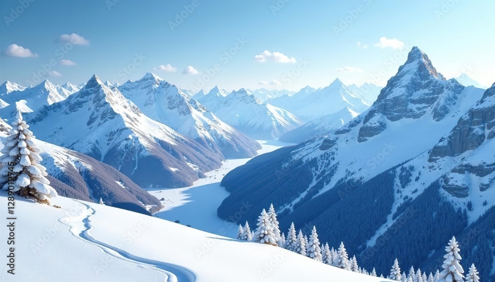 Obraz premium Snowy peaks and valleys in a serene alpine environment, nature, snowy