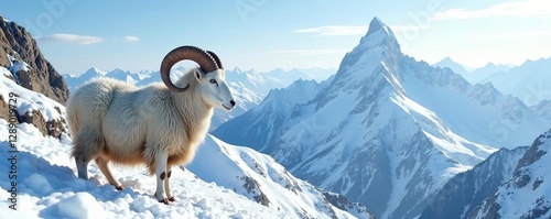 Snowy peaks with majestic spiral horns of a Wild Altai mountain sheep, snowy, mountain photo