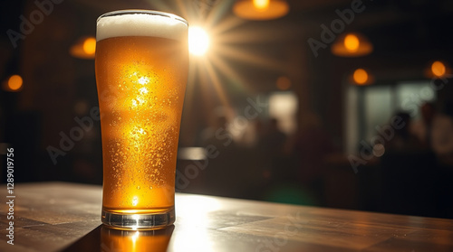 refreshing glass of golden beer with abundant bubbles on a warm inviting table, 
