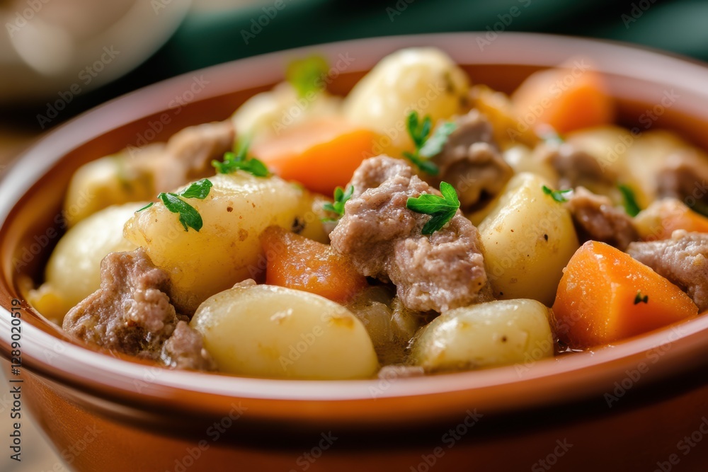 Traditional Irish stew with lamb, potatoes, and carrots in a brown bowl, garnished with parsley, showcasing comfort food. Traditional Irish stew with lamb, potatoes, and carrots in a brown bowl, garnished with parsley, showcasing comfort food.