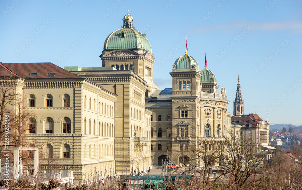Fototapeta premium Switzerland, Bern. Federal Palace front view, Swiss government and parliament building