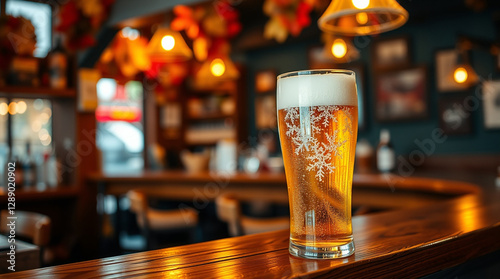 refreshing glass of golden beer with abundant bubbles on a warm inviting table, 