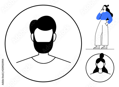 Geometric line art portraits of a bearded man and two women, one standing and one in a circle. Ideal for profile icons, social media avatars, branding, minimalism concepts, identity, diversity