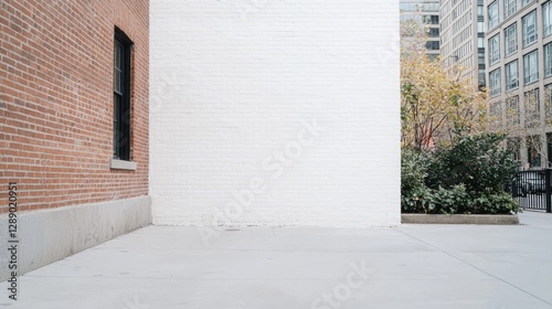 Obraz na płótnie Empty urban courtyard space, brick and white walls, city view. Possible use stock photo w salonie