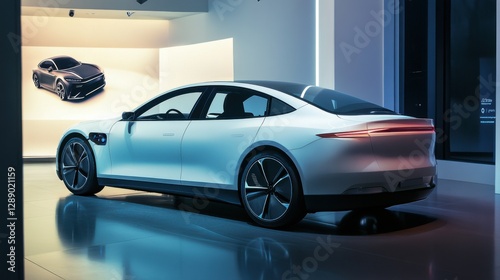 A car showroom displaying an electric sedan. Featuring eco-friendly technology and sleek design