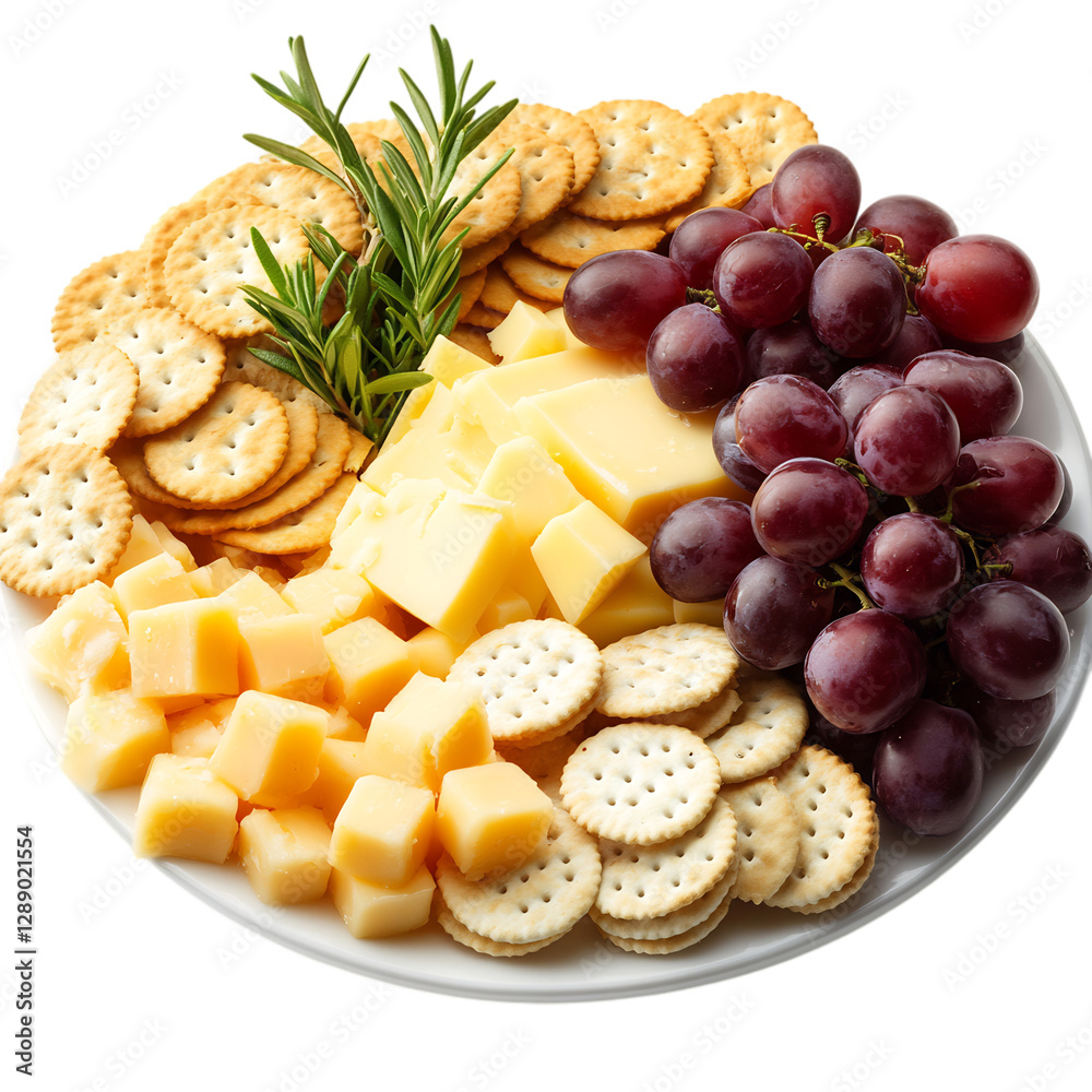 A Gourmet Cheese Platter with Crackers and Grapes Isolated on Transparent Background A Gourmet Cheese Platter with Crackers and Grapes Isolated on Transparent Background