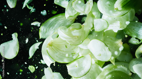 Dynamic background of falling sliced fennel bulbs in motion for culinary design photo