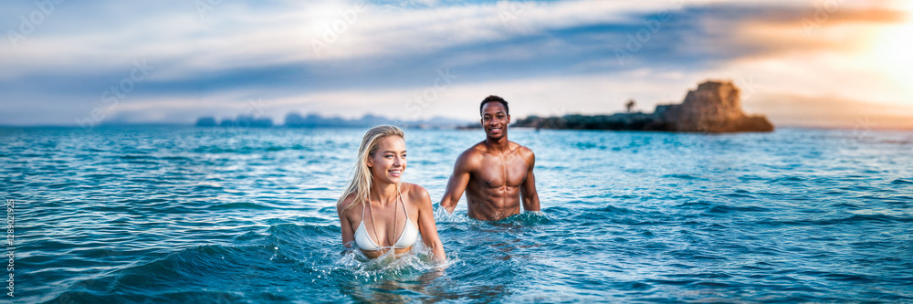 immigration couple vacation interracial sea water holiday