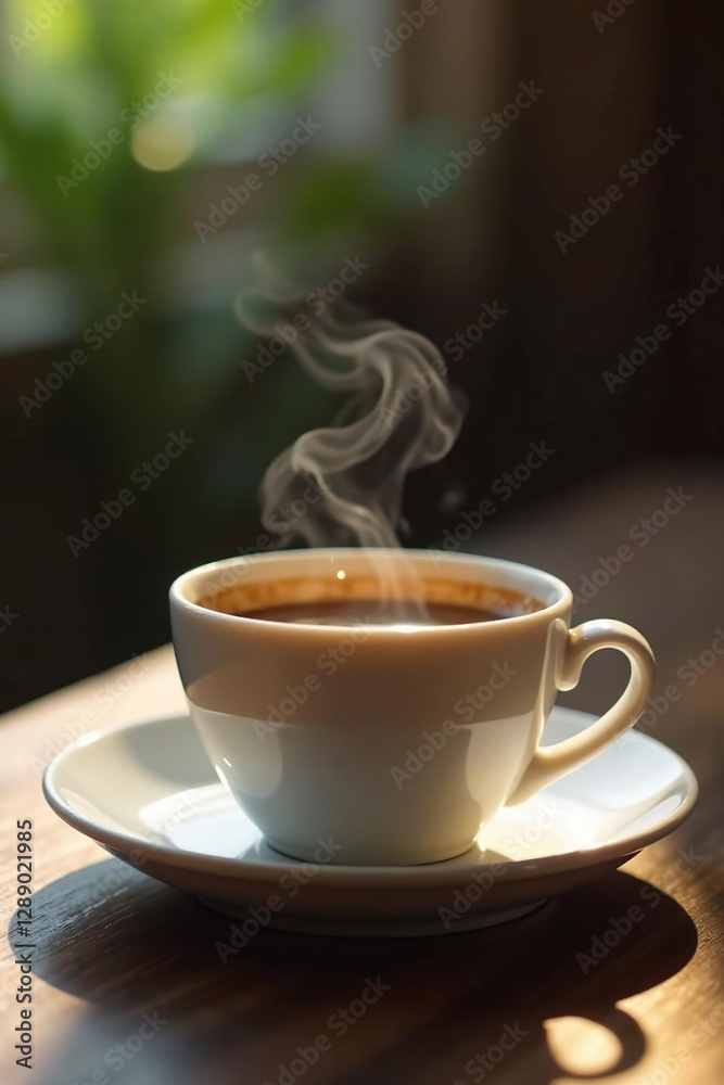 Calming atmosphere with steaming white coffee in a simple ceramic cup, liquid, peaceful, coffee Calming atmosphere with steaming white coffee in a simple ceramic cup, liquid, peaceful, coffee