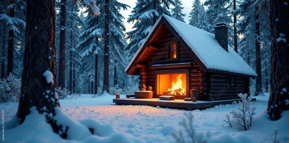 Cozy cabin nestled in the woods with a warm fireplace, woods, snow, flames Cozy cabin nestled in the woods with a warm fireplace, woods, snow, flames