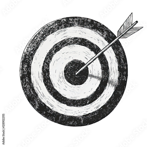 Hand drawn sketch of a bullseye target with an arrow hitting the center in monochrome vintage style