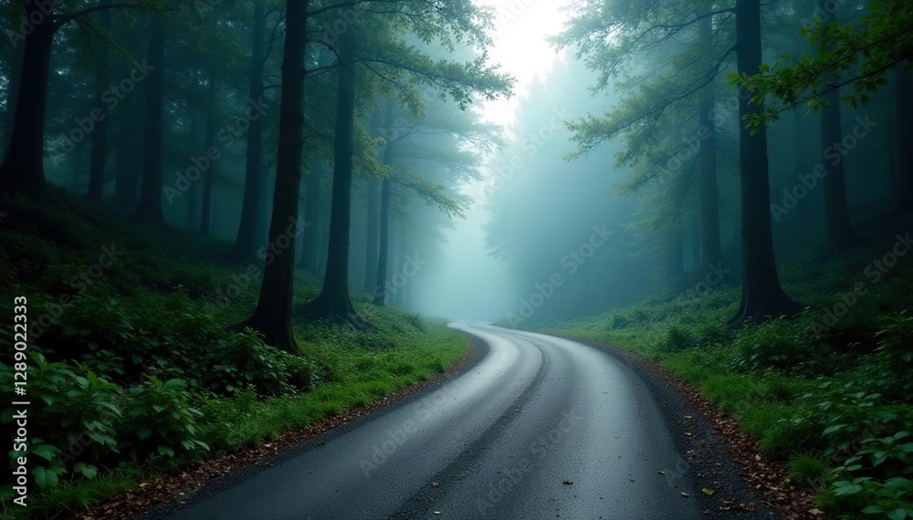 Fototapeta premium Forest road winding through dense trees and fog, wilderness, terrain, nature