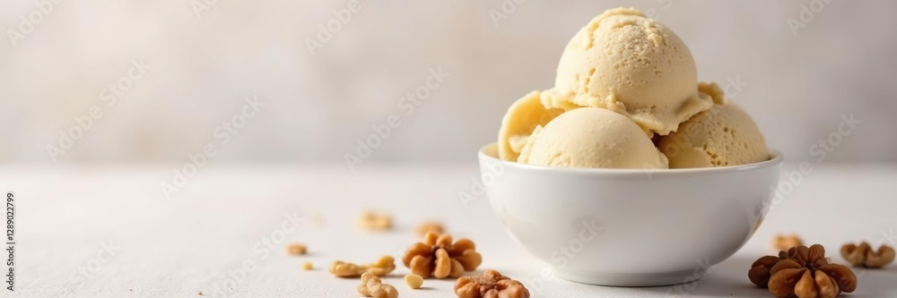 Walnut ice cream in a simple white glass bowl, walnut, ice cream, glass Walnut ice cream in a simple white glass bowl, walnut, ice cream, glass