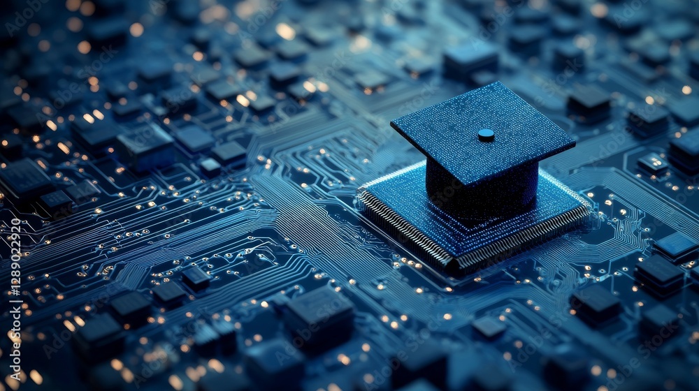 Learning about AI or machine learning, symbolized by a glowing neon chip with a wise hat, represents a futuristic technology and science concept, emphasizing innovation Learning about AI or machine learning, symbolized by a glowing neon chip with a wise hat, represents a futuristic technology and science concept, emphasizing innovation