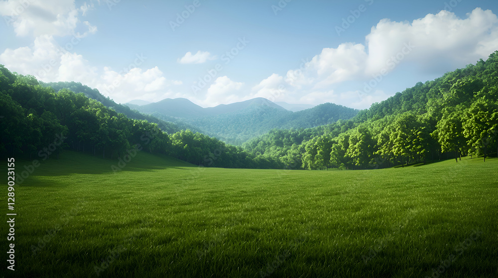 Serene Green Field Landscape with Rolling Hills and Lush Forest under a Sunny Sky Serene Green Field Landscape with Rolling Hills and Lush Forest under a Sunny Sky