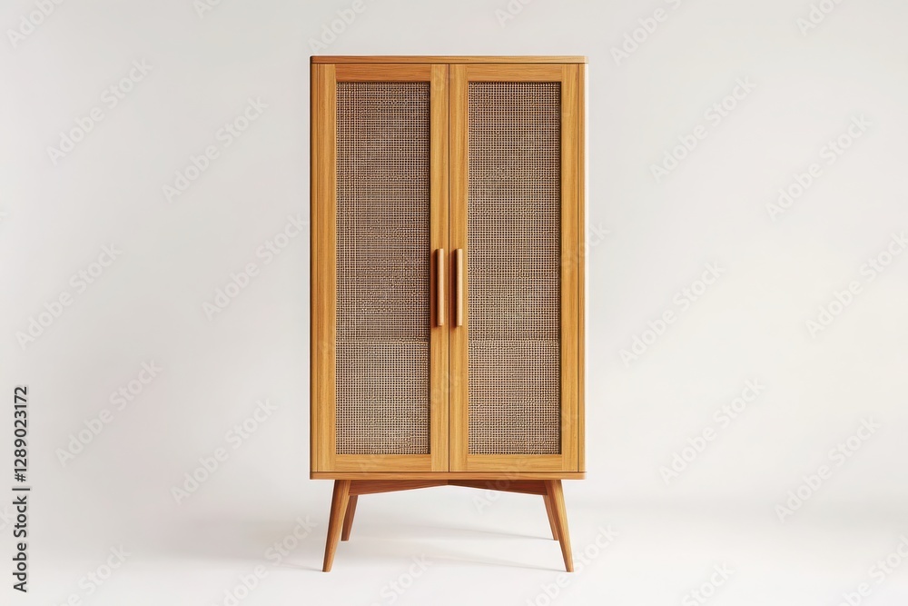 Fototapeta premium A mid-century modern wardrobe with tapered wooden legs, a light wood finish, and simple handles, isolated on a white background