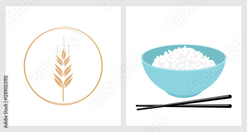 Rice or wheat sign logo, rice bowl and chopsticks isolated on white backgrounds vector.