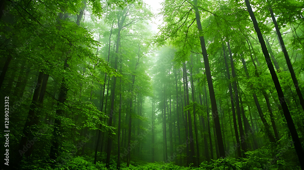 Obraz premium Lush Green Forest Path with Fog and Sunlight