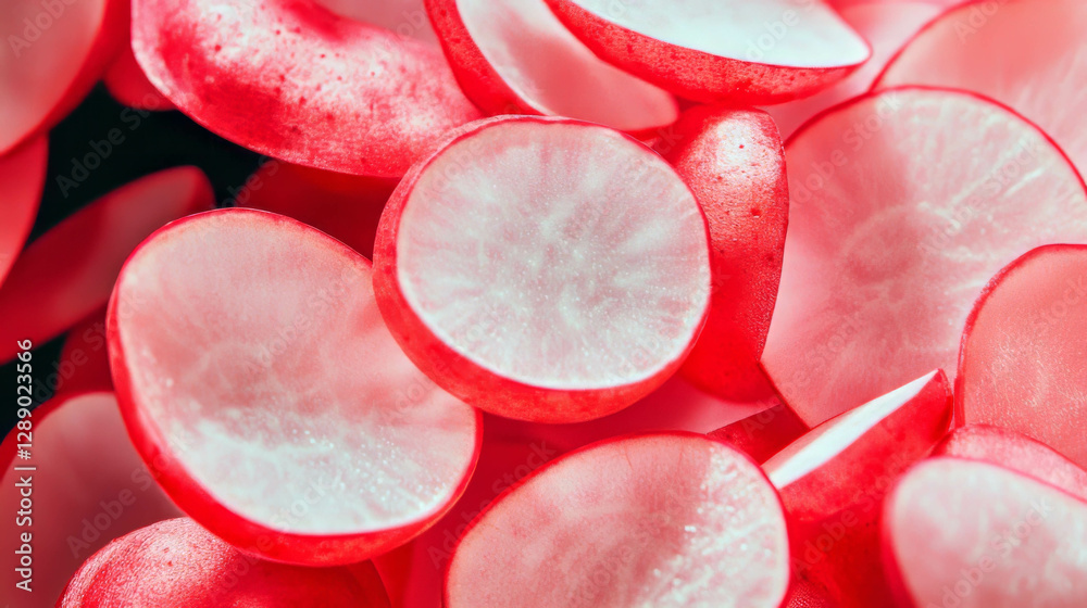 Fototapeta premium Fresh sliced radishes falling in mid air with vibrant red background for culinary design