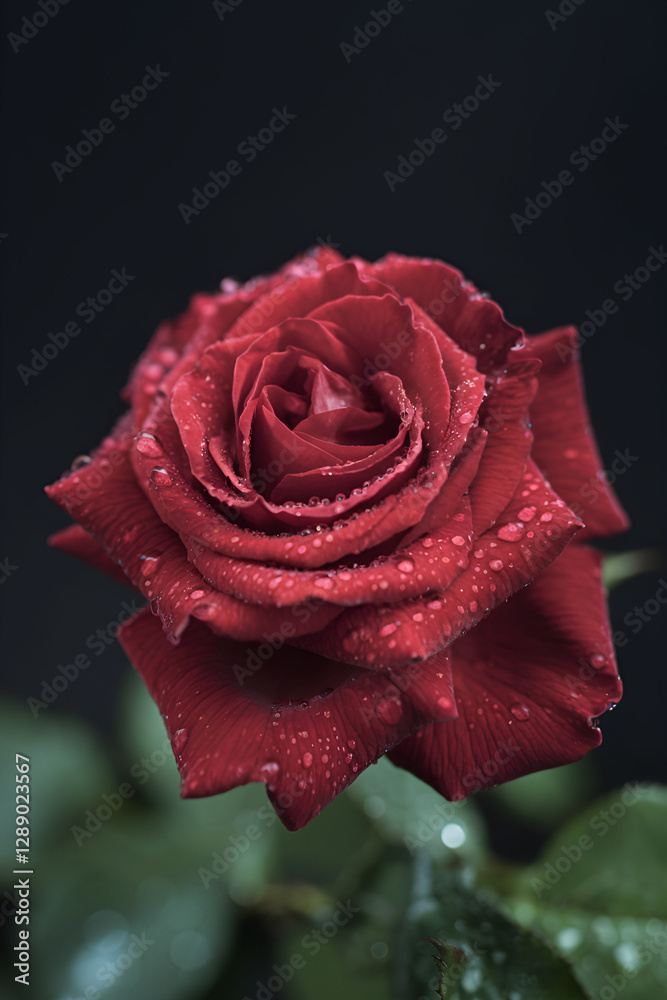 A macro photography shot of a red rose in full bloom with dew drops on its petals A macro photography shot of a red rose in full bloom with dew drops on its petals