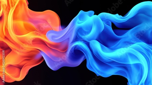 A blue and orange flame is shown in the image. The blue flame is on the right side of the image, while the orange flame is on the left side. The two flames are intertwined, creating a dynamic