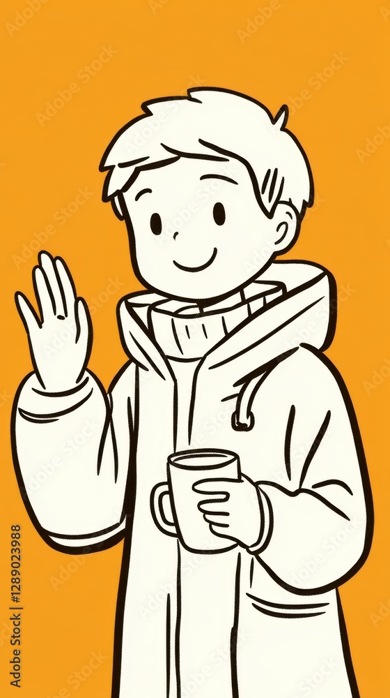 A cheerful character waves while holding a mug, dressed warmly in a hoodie against a bright orange background. A cheerful character waves while holding a mug, dressed warmly in a hoodie against a bright orange background.