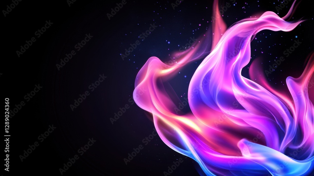 Fototapeta premium A colorful flame with a purple and blue hue. The flame is surrounded by a dark background. Concept of energy and movement, as if the flame is dancing in the air. The vibrant colors of the flame