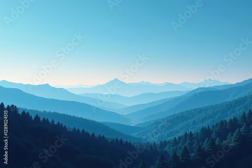 Minimalist landscape with a vast blue expanse and dense forest in the foreground, landscape, solitude