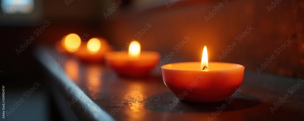 Votive candles cast warm glow on altar surface, votive candle, church Votive candles cast warm glow on altar surface, votive candle, church