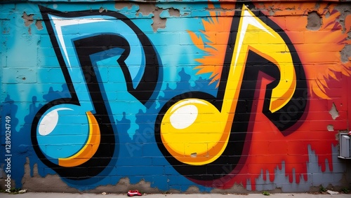 Graffiti art, musical notes, vibrant colors, street art mural, bold outlines, blue and orange background, spray paint texture, urban wall,