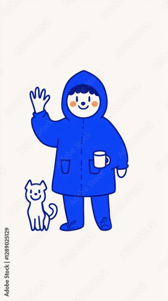 A cheerful character in a blue coat waves while holding a cup, accompanied by a cute white cat. A cheerful character in a blue coat waves while holding a cup, accompanied by a cute white cat.