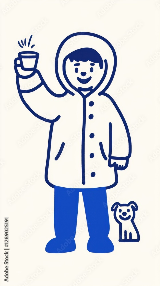 A cheerful person in a hoodie holds a cup while standing next to a small dog, both depicted in a simple, cartoonish style. A cheerful person in a hoodie holds a cup while standing next to a small dog, both depicted in a simple, cartoonish style.