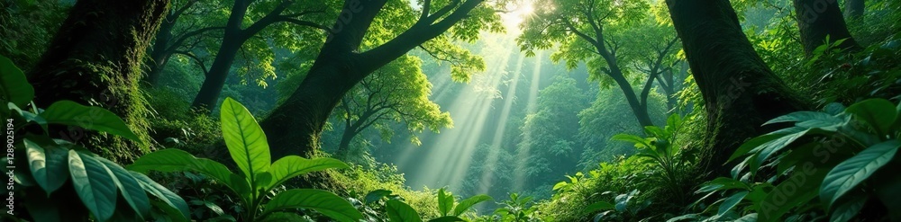 Obraz premium Dense forest canopy with Melastoma malabathricum vines, trees, vegetation, jungle