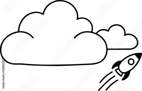 best cloud service provider concept Rocket launching through clouds in a simple line art design.