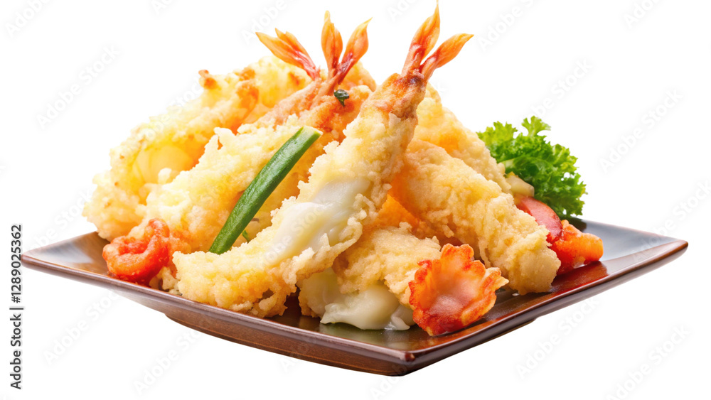 Close-up of tempura shrimp and vegetables, crispy and golden, isolated on a transparent background Close-up of tempura shrimp and vegetables, crispy and golden, isolated on a transparent background