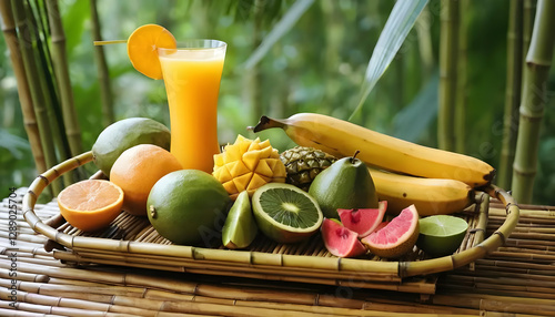 A fresh assortment of tropical fruits and a glass of juice
